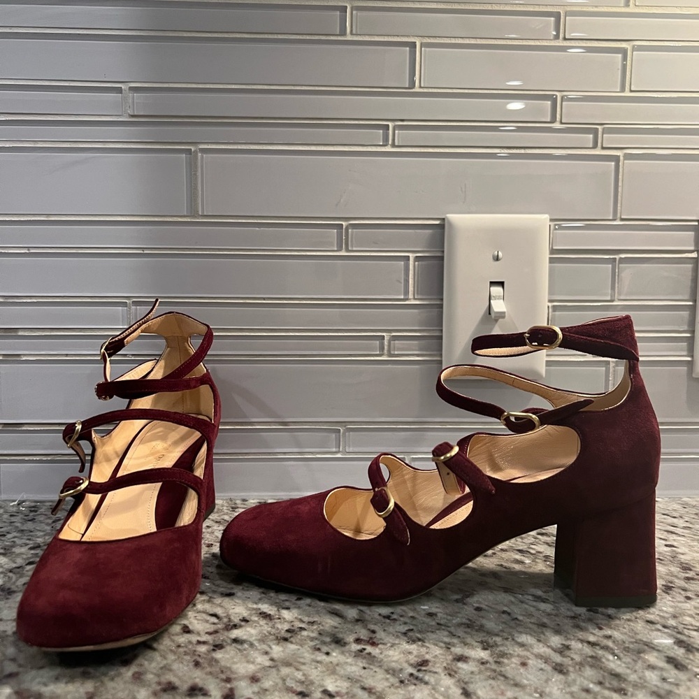 Marion Parke belt Mary Jane’s in burgundy suede